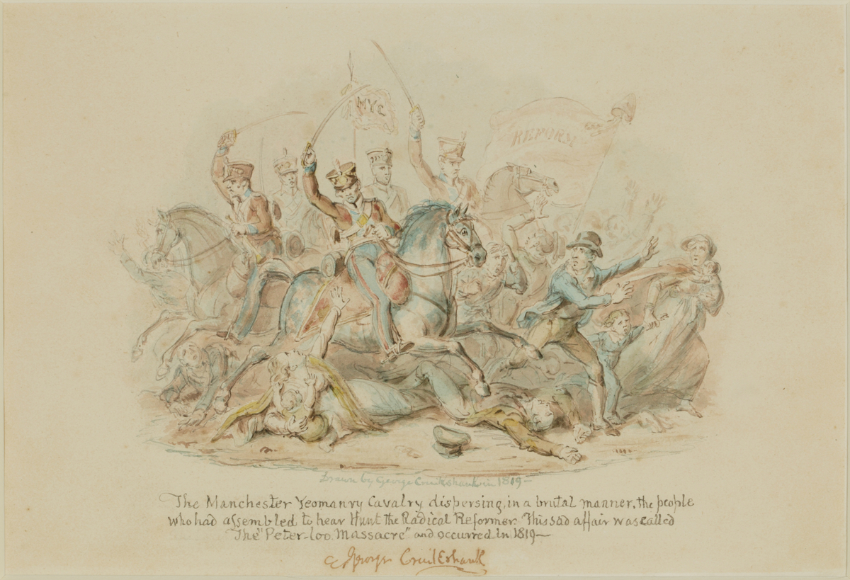 The Manchester yeomanry cavalry dispersing the crowd at the Peterloo Massacre, 1819